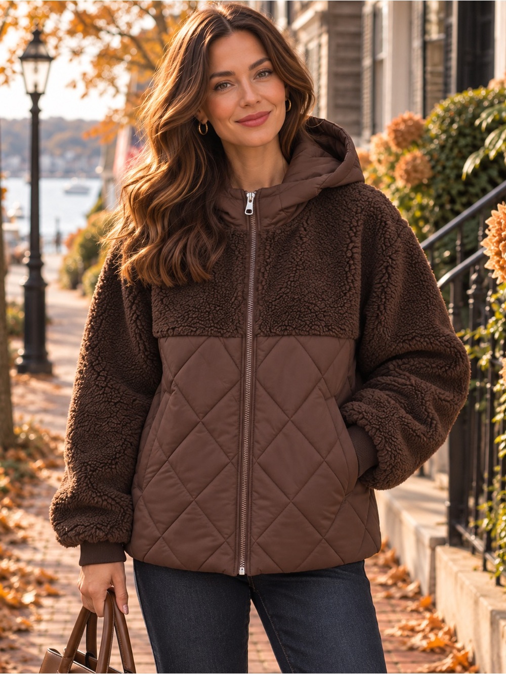 Chocolate Brown Sherpa Quilted Hooded Jacket